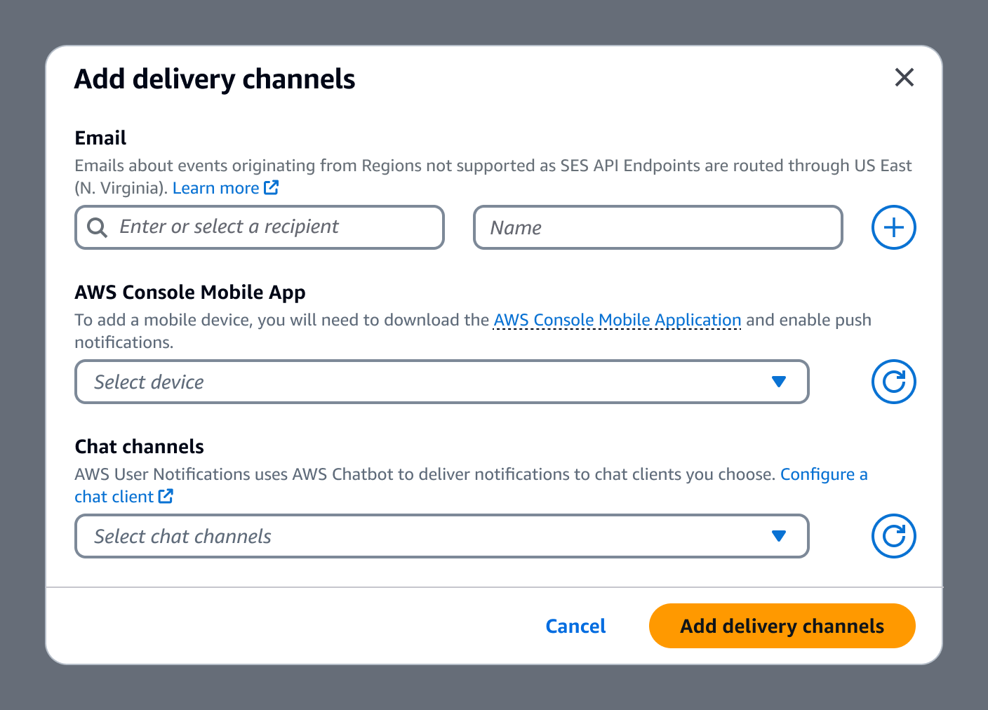 Empty delivery channels modal