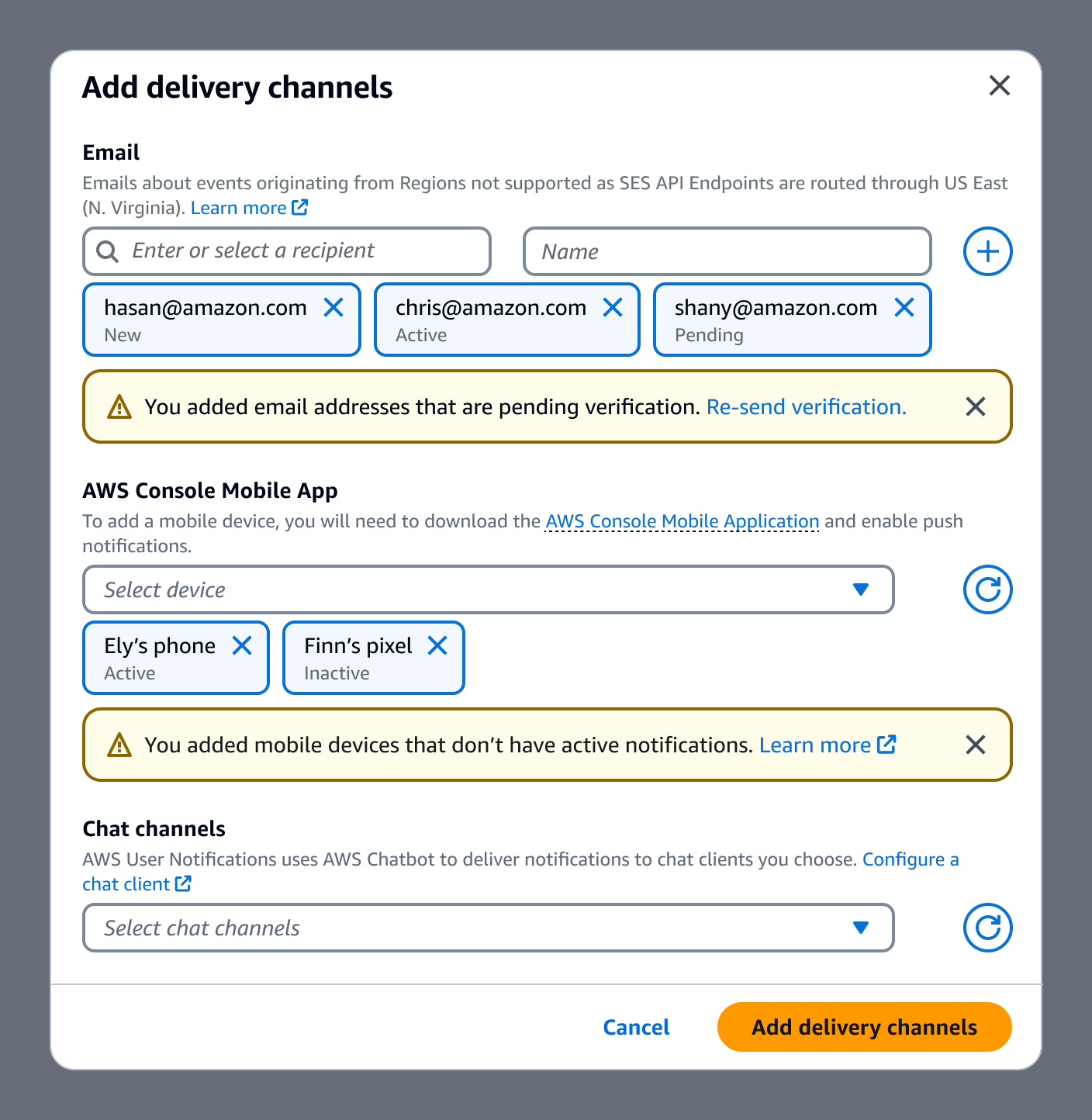 Filled delivery channels modal