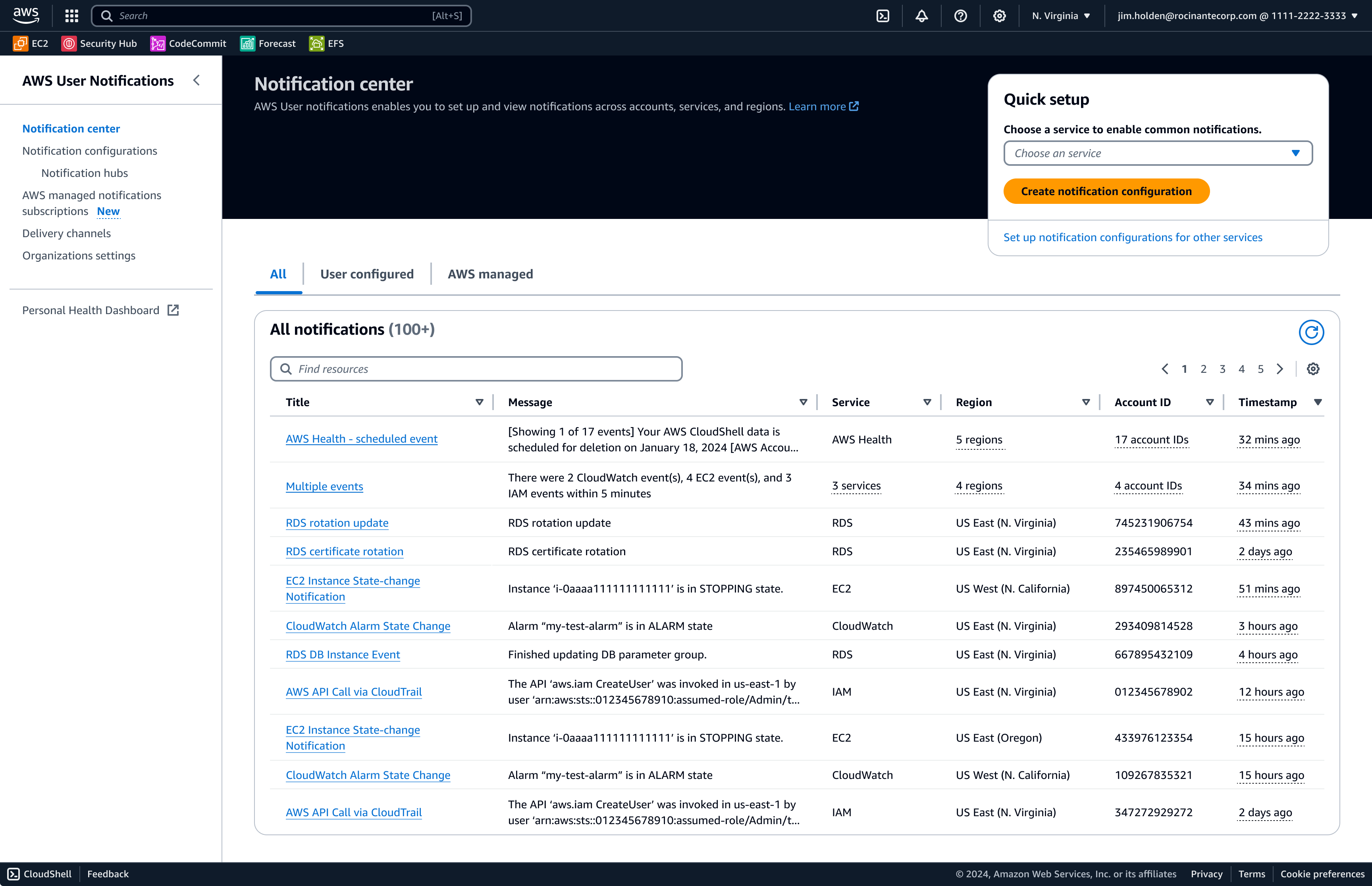 AWS notification center