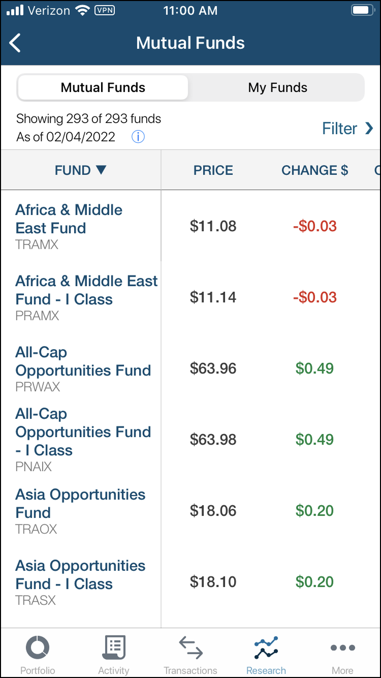 Legacy mutual funds screener