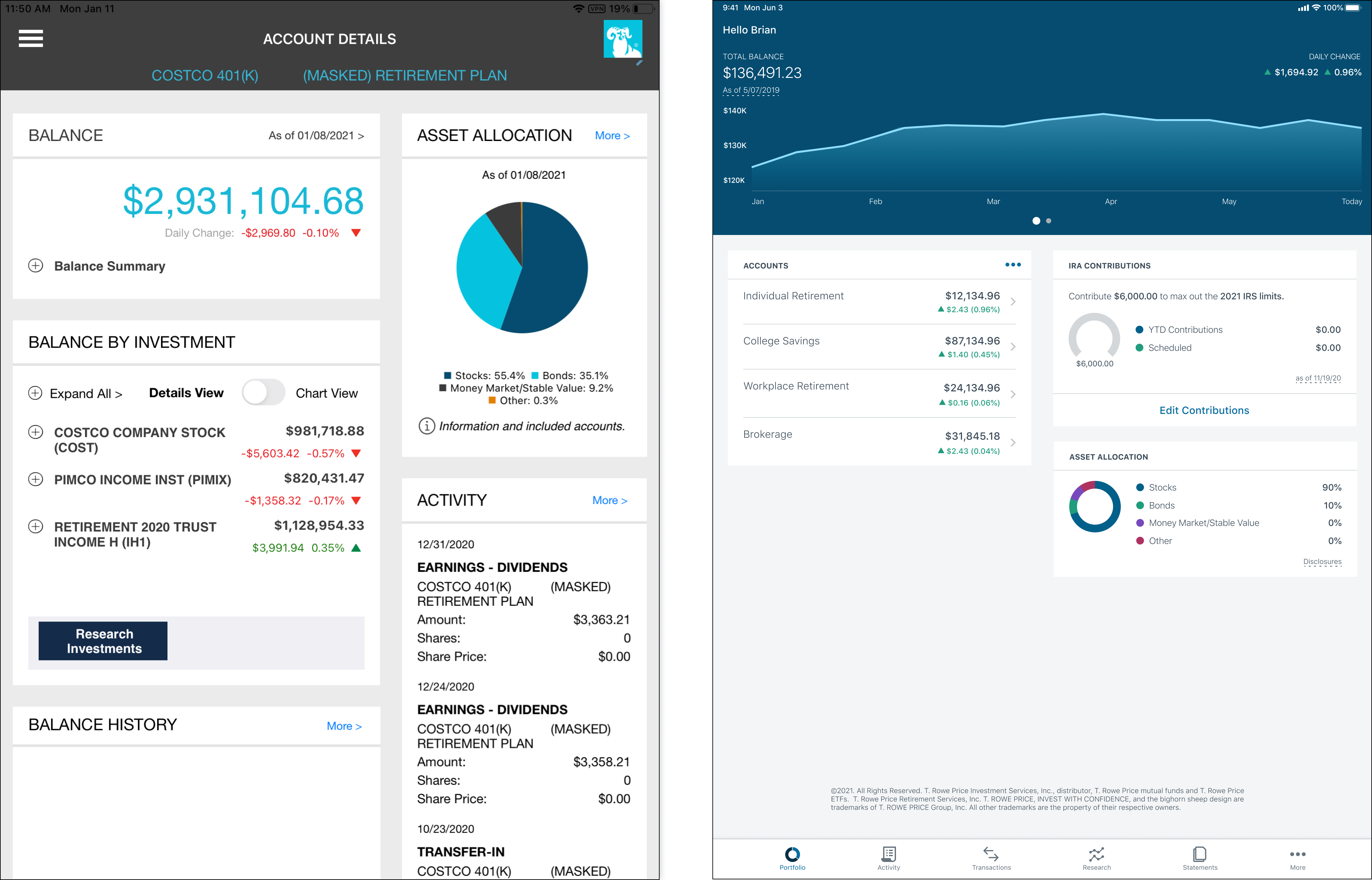 iPad account details and portfolio