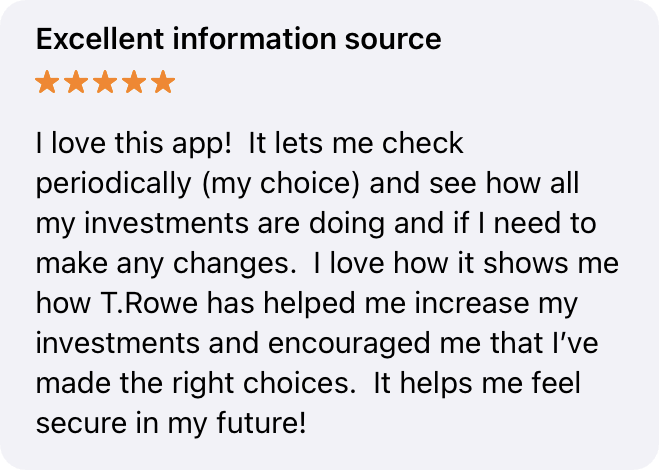 App Store review titled “Excellent information source”: five stars, praising how the app shows how investments are doing
