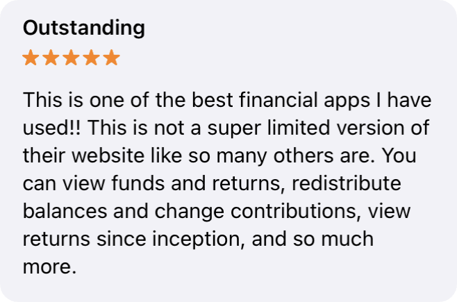 App Store review titled “Outstanding”: five stars, saying the app is not a limited version of the website