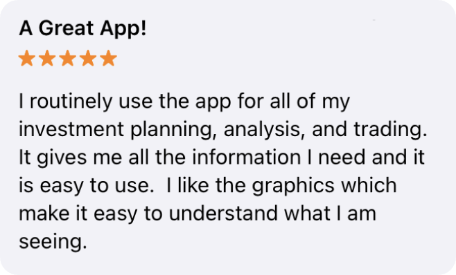 App Store review titled “A Great App!”: five stars, calling it easy to use with graphics that are easy to understand