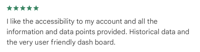 Google Play review: five stars, praising account access, the data provided and the dashboard