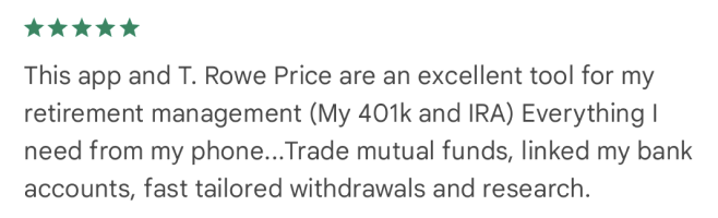 Google Play review: five stars, calling the app an excellent tool for retirement management