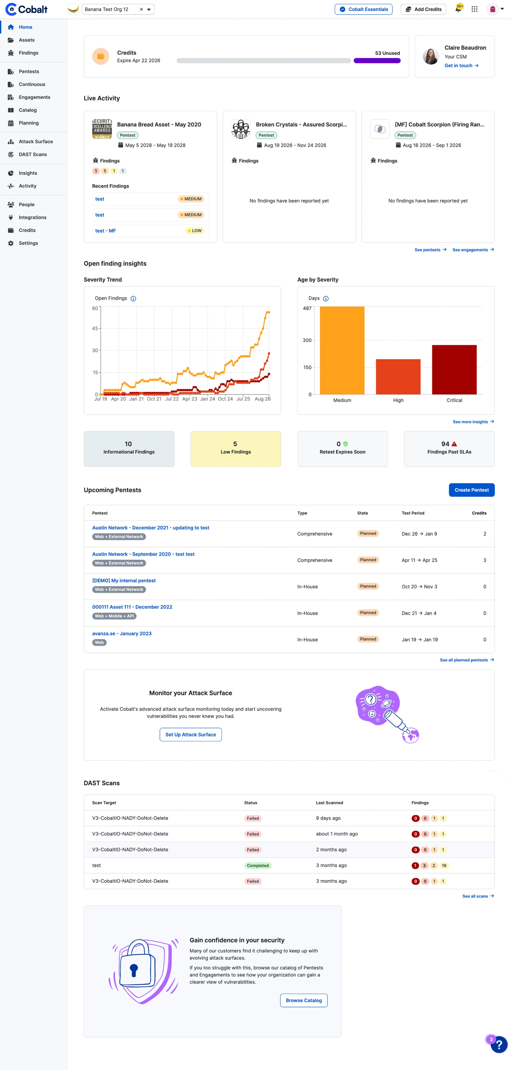The original Cobalt home screen with credits, live activity, a severity trend and upcoming pentests