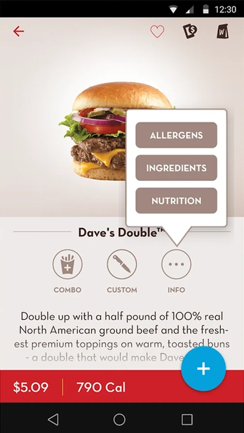Wendy’s app product detail screen