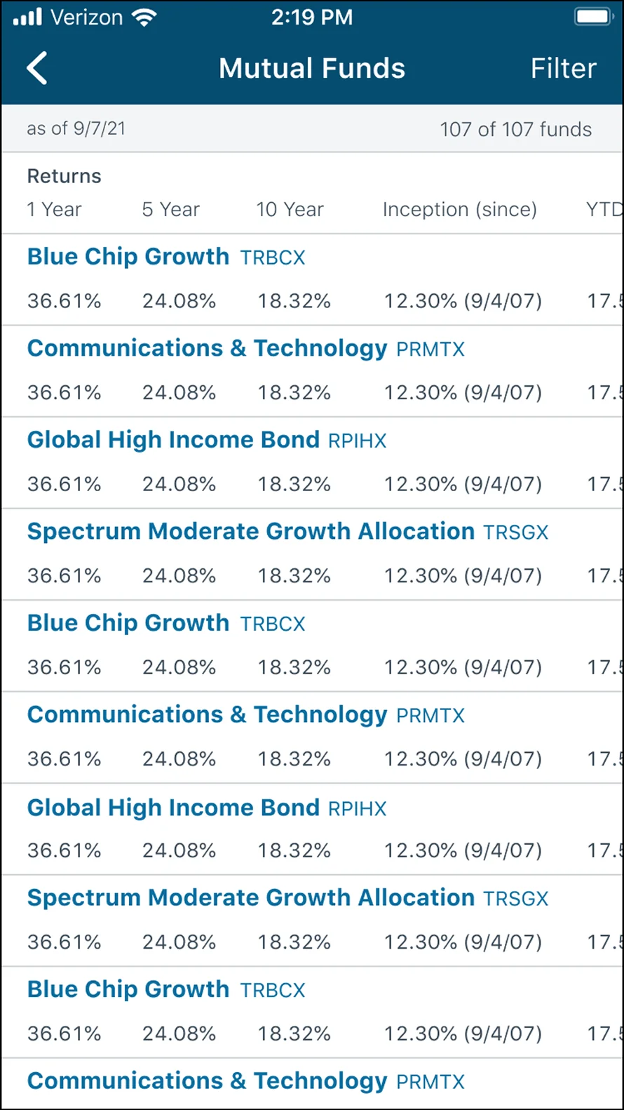 T. Rowe Price app: mutual funds screener